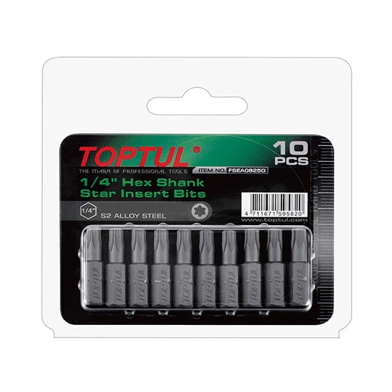 Set TOPTUL FSEA0807G, 10 biti pentru insurubare, prindere hexagonala 1/4 inch, profil torx T7, lungime 25 mm, finisaj fosfatat