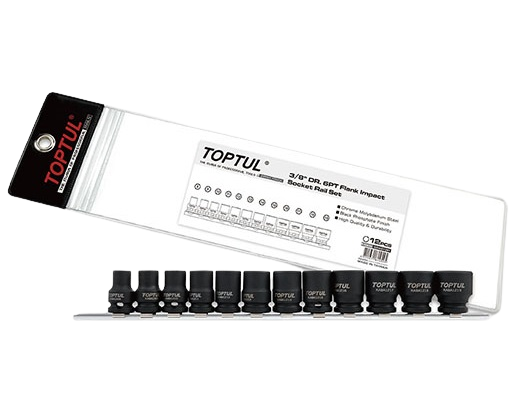 Set chei tubulare de impact TOPTUL GDAG1201, antrenor patrat 3/8 inch, profil hexagonal, deschidere chei 8-19 mm, finisaj fosfatat