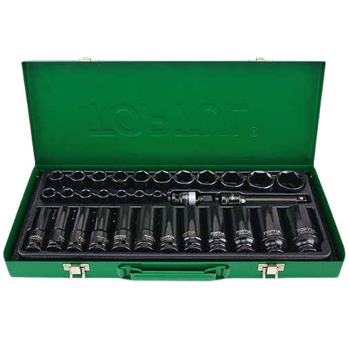 Set 32 capete tubulare adânci de impact TOPTUL, prindere pătrat 1/2 inch, profil hex, deschidere chei 8-32 mm, crom molibden GDAD3201