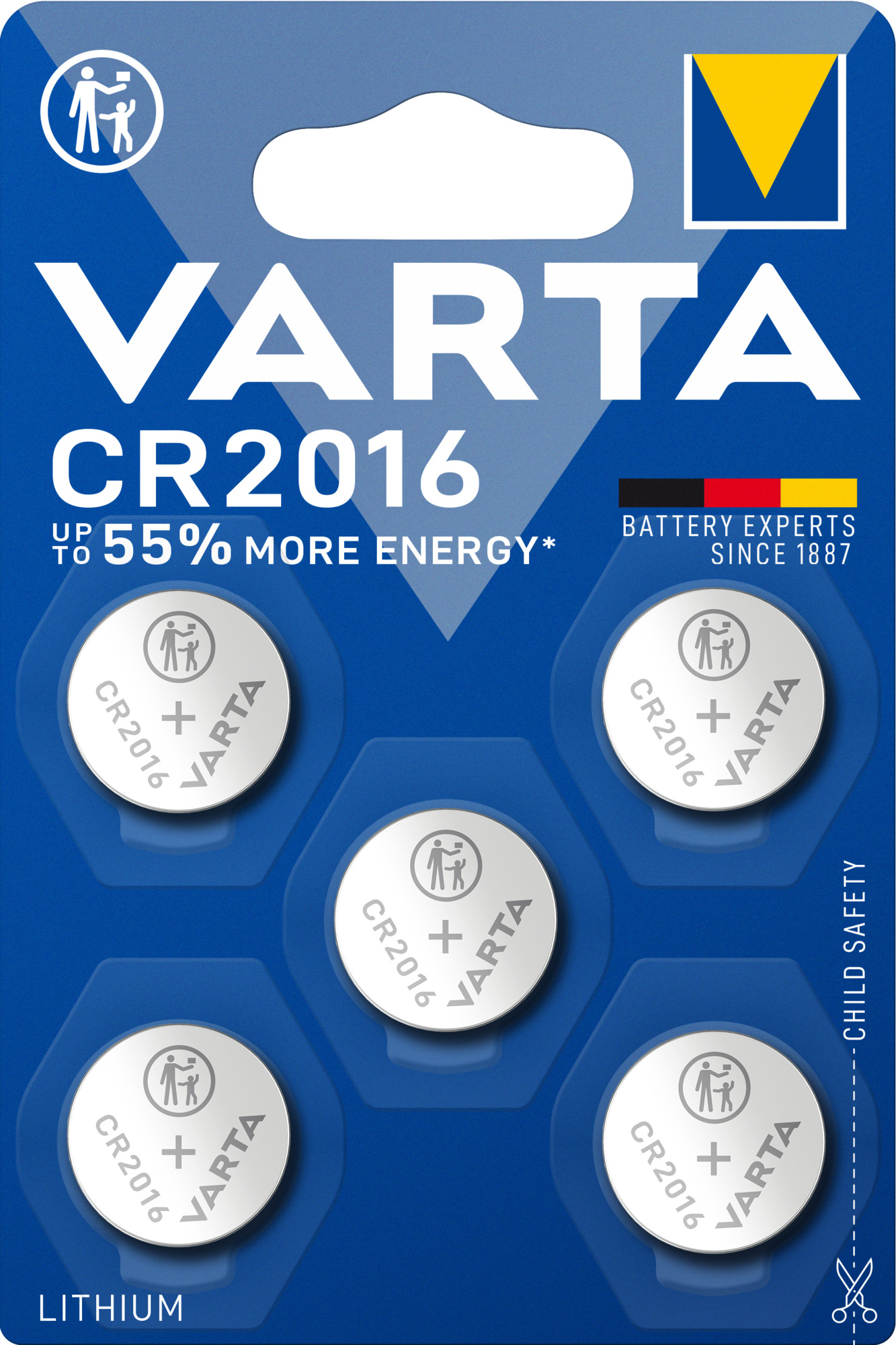 Baterii tip buton Varta CR 2016, 90 mAh, 5 buc
