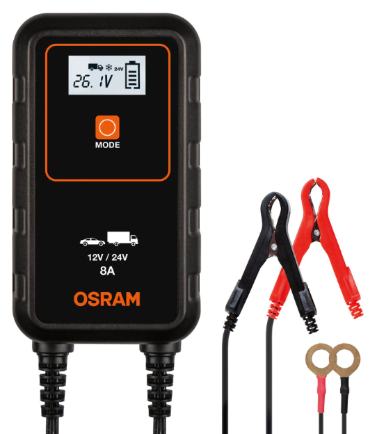 Redresor OSRAM pentru baterie auto Battery Charge 908 OEBCS908, 12/24V, curent încărcare 8 A, lungime cablu 1.5 m, compatibil sistem Start/Stop