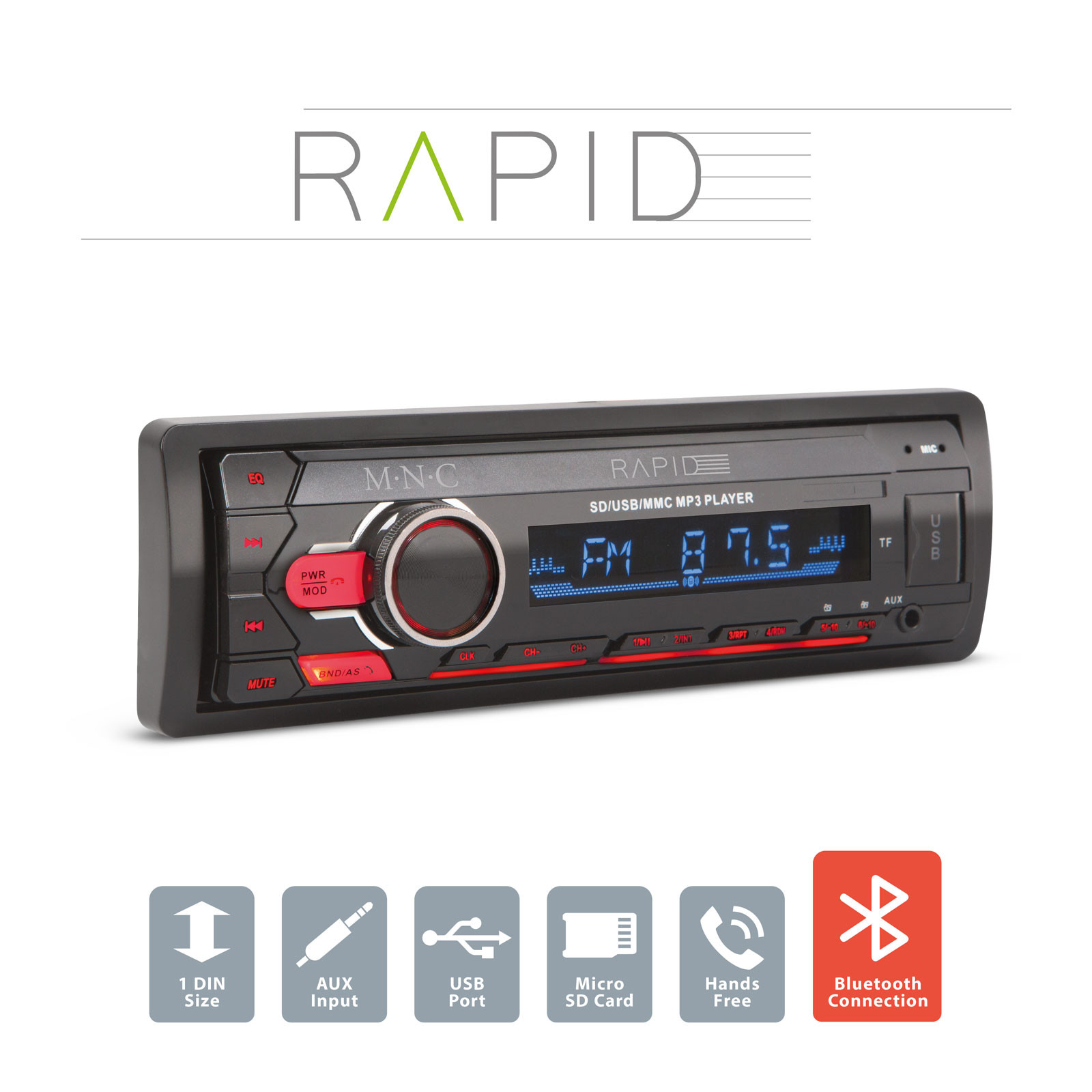 Player auto Rapid - 1 DIN - 4 x 50 W - BT - MP3 - AUX - SD - USB