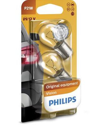 Set de 2 becuri semnalizatoare P21W 12V, soclu BA15S, blister, PHILIPS 12498B2