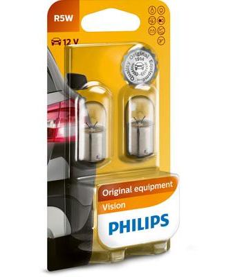 Set de 2 becuri auxiliare PHILIPS 12821B2, model R5W BA15S, 12V, ambalate în blister