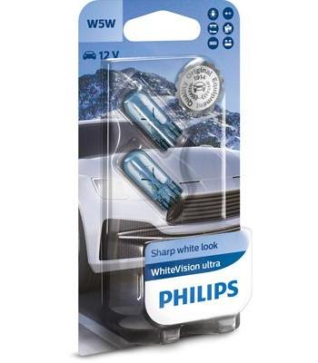 Set de 2 becuri semnalizatoare W5W 12V fără soclu, White Vision Ultra, PHILIPS 12961WVUB2, blister