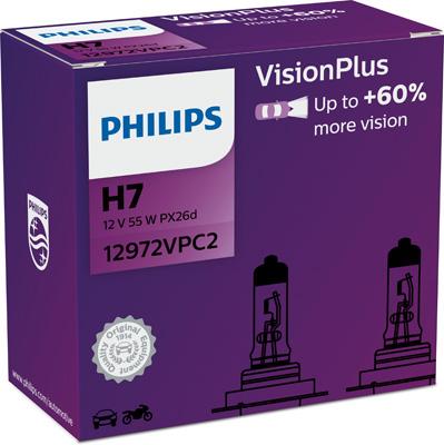 Set de 2 Becuri Far H7 55W 12V Vision Plus, Philips 12972VPC2, în Cutie