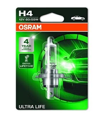 Bec OSRAM H4 60/55W Ultra Life pentru far fază lungă, 12V, 1 bucată în blister (Cod: 64193ULT-01B)