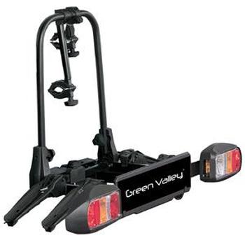 Suport pentru 2 biciclete GREEN VALLEY Discovery 3 160514-2GV, cu adaptor, montare pe cârligul de remorcare, cu sistem de semnalizare, din aluminiu și plastic, culoare neagră