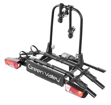 Suport auto pentru 2 biciclete GREEN VALLEY Explorer, model 160664-2GV, montare pe cârlig de remorcare, cu semnalizare, materiale din aluminiu și plastic, culoare neagră.