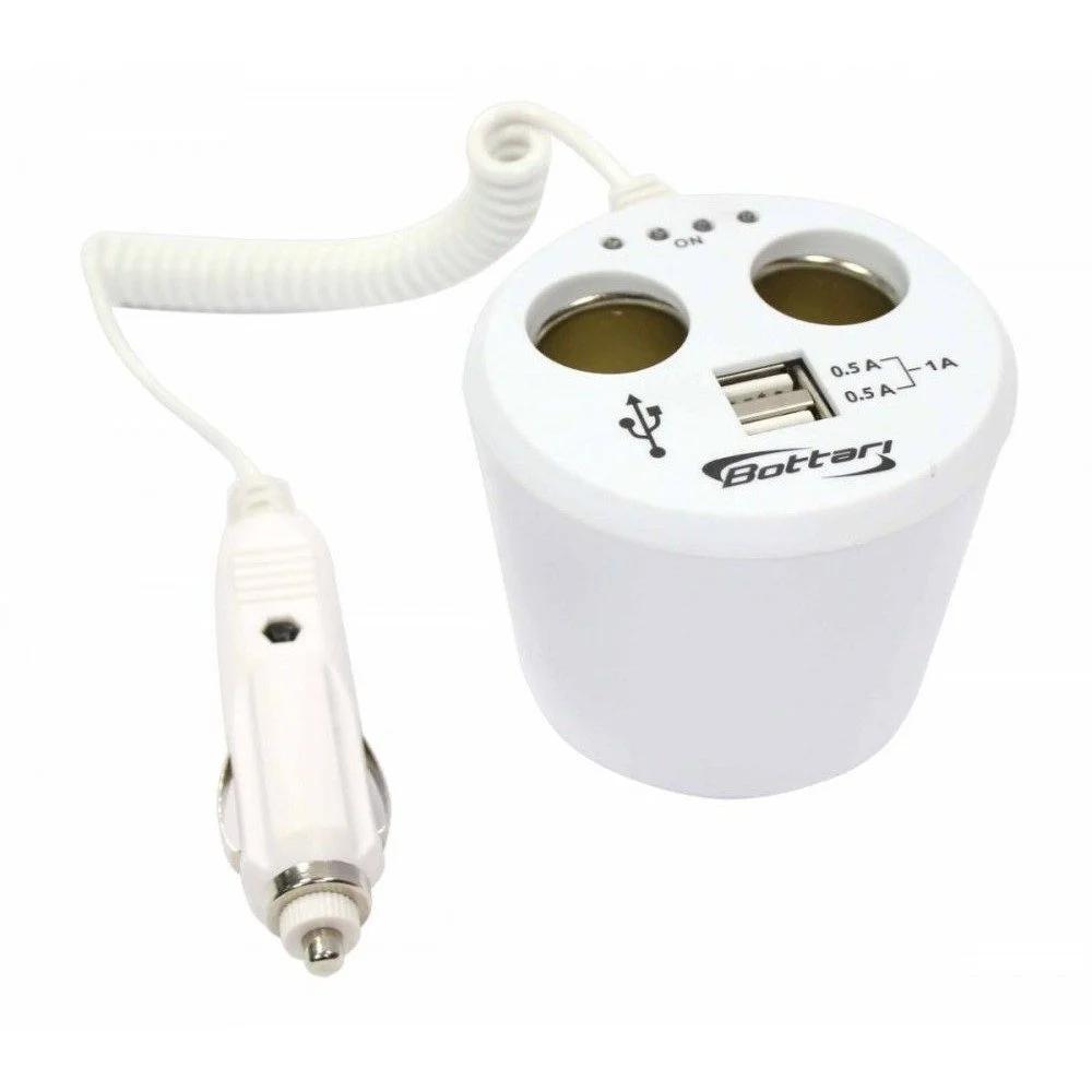 Adaptor auto cu prelungitor și încărcător BOTTARI 30080BT, alimentare 12/24V, ieșiri: 2 x brichetă auto, 2 x USB, max 0.5A