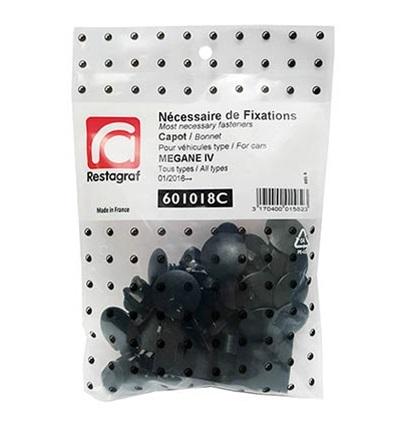 Set clipsuri auto pentru montaj capotă RESTAGRAF, model 601018C, din plastic negru, compatibile cu Renault Megane IV (01.2016-).