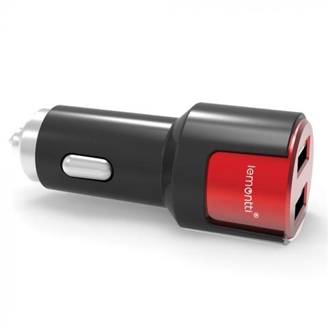 Încărcător auto pentru telefon LEMONTTI, 3.1 A, Qualcomm 3.0, dual USB Type-C, negru-roșu, model 6420628042468AE.