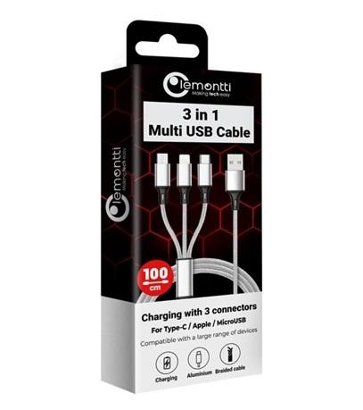 Cablu telefon 3 în 1 LEMONTTI, USB la Lightning, MicroUSB și USB Type-C, gri, 1 metru, împletitură textilă