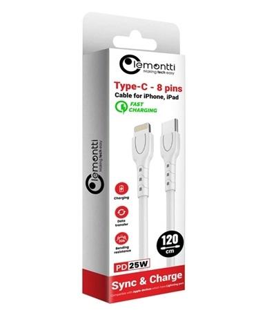 Cablu de telefon LEMONTTI, USB Type-C la Lightning, alb, 1.2 metri, PVC