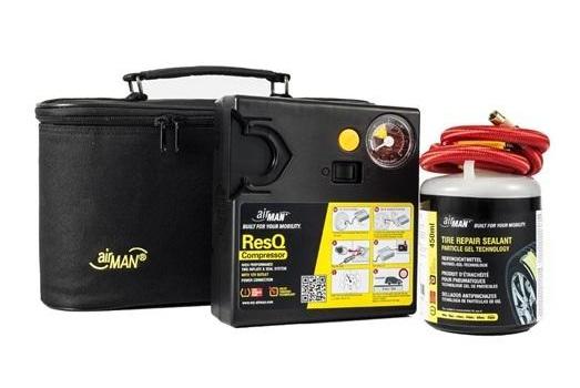 Set compresor auto și soluție de etanșare AIRMAN 71-051, 15 A, 180 W, 6-7 l/min, 2.5 bar, cu manometru, lampă, recipient de 450 ml, geantă de transport
