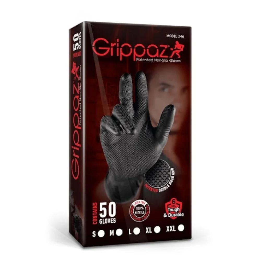 Set 50 mănuși de protecție texturate antialunecare, GRIPPAZ AD-00-0025, nitril, negre, mărimea 7/S