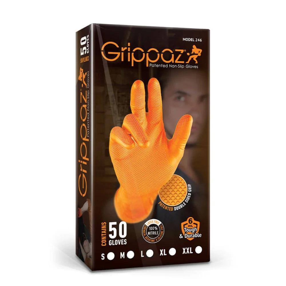 Set 50 mănuși de protecție texturate, antialunecare, GRIPPAZ AD-00-0030, nitril portocaliu, mărimea 7/S