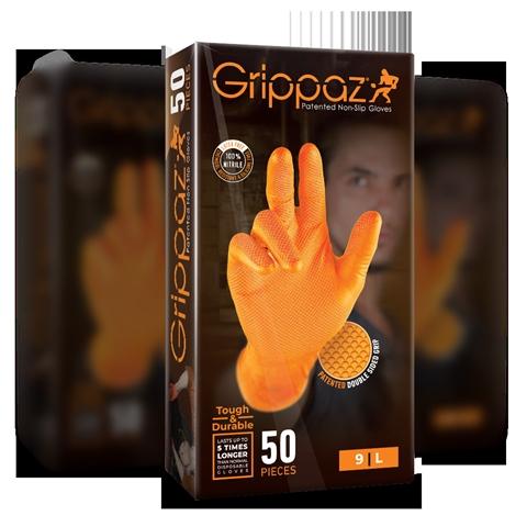Set 50 mănuși de protecție texturate antialunecare GRIPPAZ AD-00-0032 din nitril, portocalii, mărimea 9/L