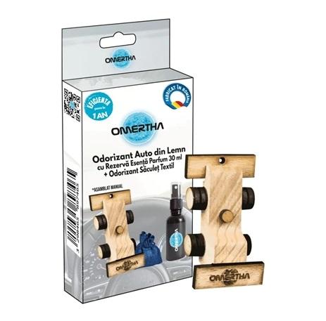 Odorizant auto OMERTHA OME03, model mașinuță F1, din lemn, cu sticluță de 30 ml, esență de parfum Black Mist