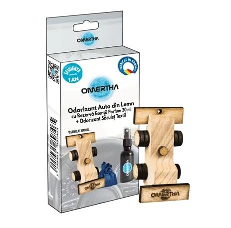 Odorizant auto OMERTHA OME05, design mașinuță F1, din lemn, sticluță 30 ml, aromă de lavandă