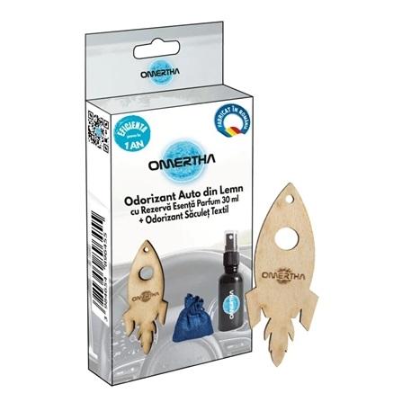 Odorizant auto OMERTHA OME10, design rachetă, din lemn, sticluță 30 ml, esență parfum Black Mist