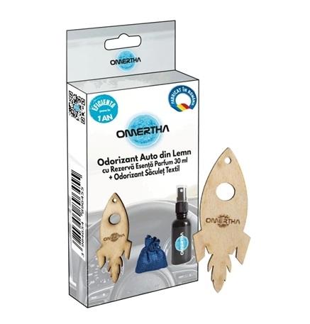 Odorizant auto OMERTHA OME12, design rachetă, din lemn, sticluță 30 ml, esență de parfum Lavandă