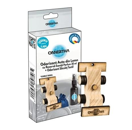 Odorizant auto OMERTHA OME74, model mașinuță F1, din lemn, sticluță 30 ml, esență parfum Bleu Detoile