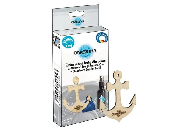 Odorizant auto OMERTHA OME79, formă ancoră, din lemn, sticluță 30 ml, esență parfum Bleu Detoile