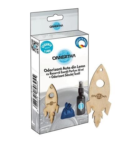 Odorizant auto OMERTHA OME81, design rachetă, lemn și sticluță 30 ml, esență parfum Invictus Stellar