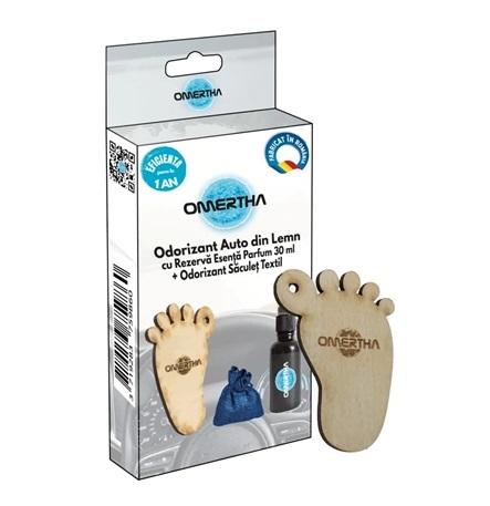 Odorizant auto OMERTHA OME89, formă de talpă, din lemn, sticluță 30 ml, esență parfum Bleu Detoile
