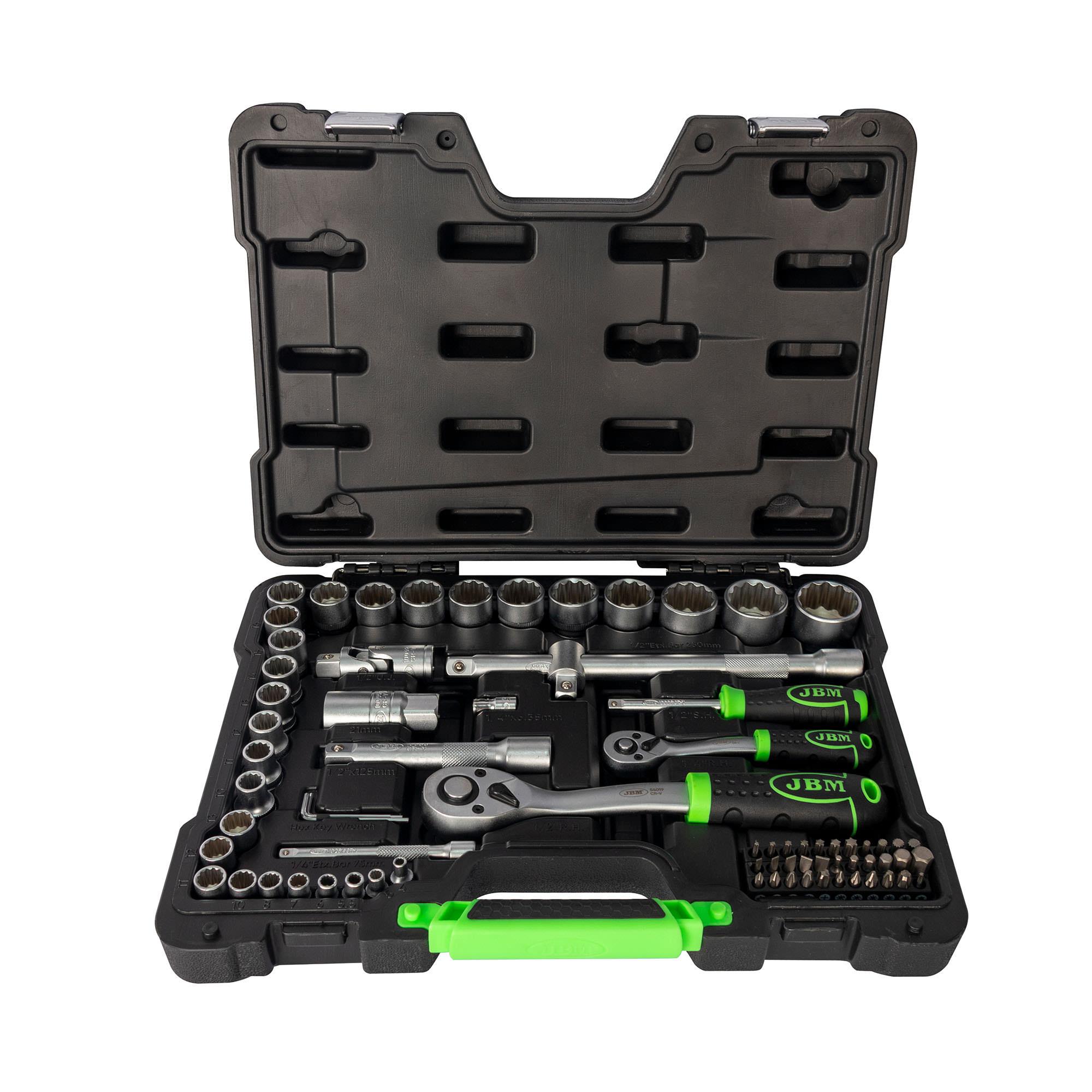 Trusă de scule JBM 53074 cu 74 de piese, tubulare 12 fețe, dimensiuni 1/2" și 1/4", zincată