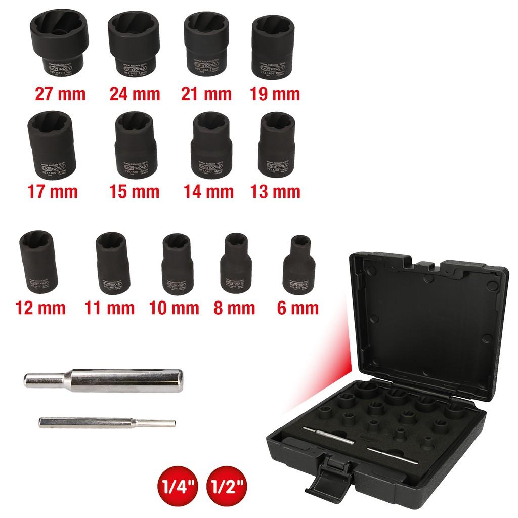 Set de 15 capete de clichet cu profil spiralat, mărimi 1/4" și 1/2"