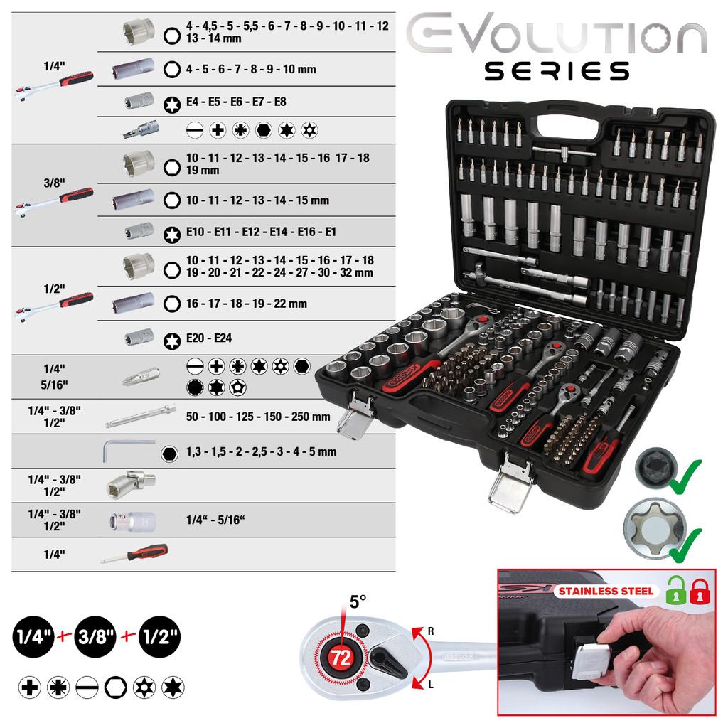 Set de chei tubulare, 179 de piese, cu dimensiuni de 1/4", 3/8" și 1/2"