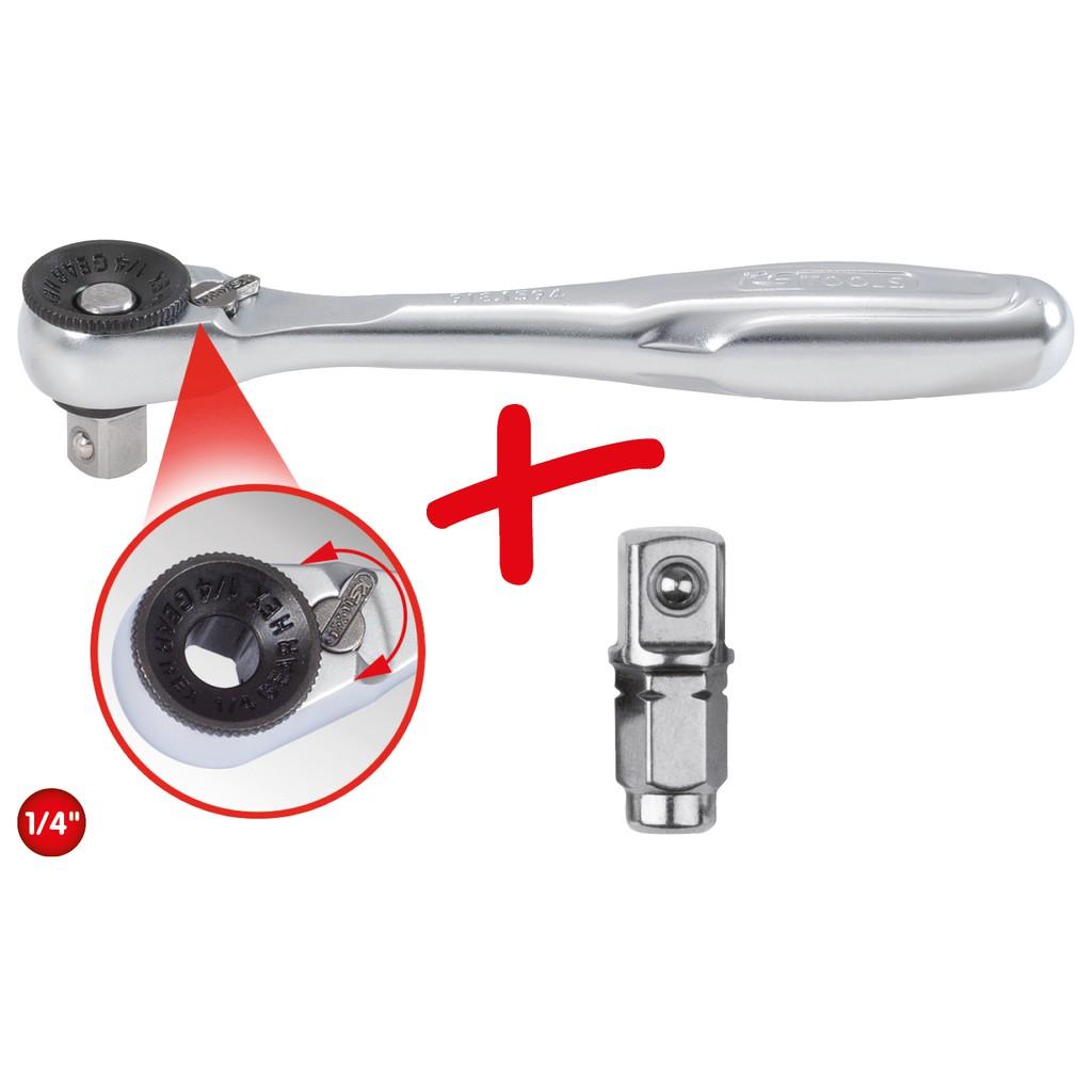 Cheie clichet 1/4" cu schimbare de direcție și adaptor pentru capete de clichet