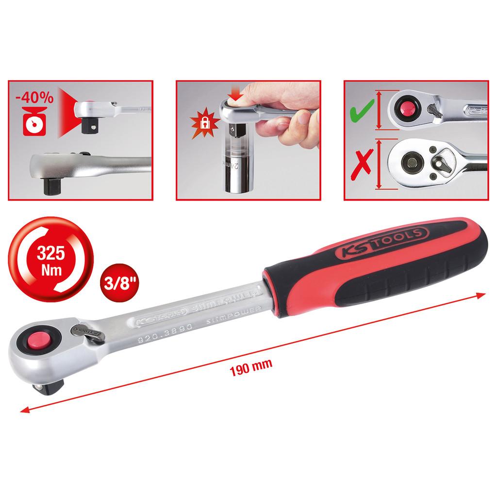 Cheie cu clichet reversibil 3/8", model SlimPOWER, 72 dinți