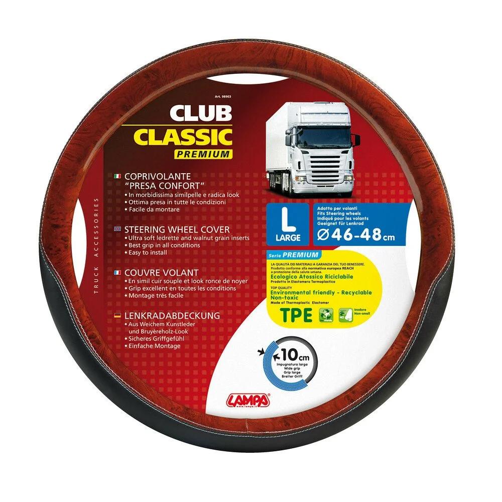 Husă volan camion LAMPA Club LAM98903, piele ecologică cu inserții design lemn, diametru compatibil 46-48 cm, negru și lemn