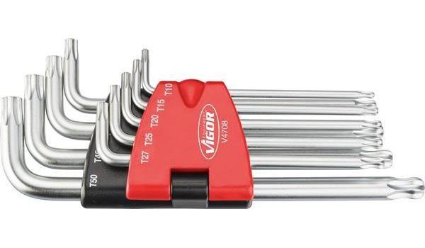 Set de 9 chei imbus VIGOR V4708, profil Torx, mărimi T10, T15, T20, T25, T27, T30, T40, T45, T50