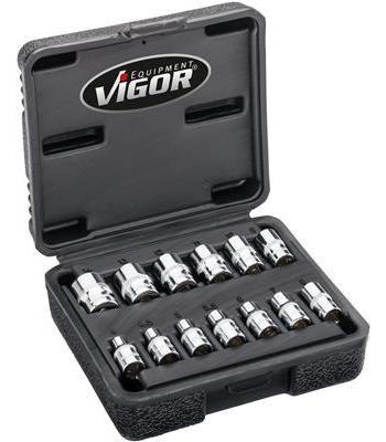 Set de 13 chei tubulare VIGOR V7514/13, profil dublu hexagonal, cu antrenor pătrat de 1/4 inch, dimensiuni chei între 4-14 mm, lungime 25 mm