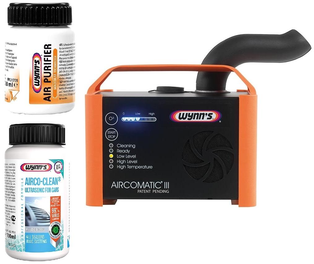 Pachet de curățare A/C: 1 x Generator de ozon WYNNS Aircomatic III, 36 x Soluție de curățare ultrasonică WYNNS Airco-Clean, 100 ml, 24 x Purificator de aer ultrasonic WYNNS, 60 ml